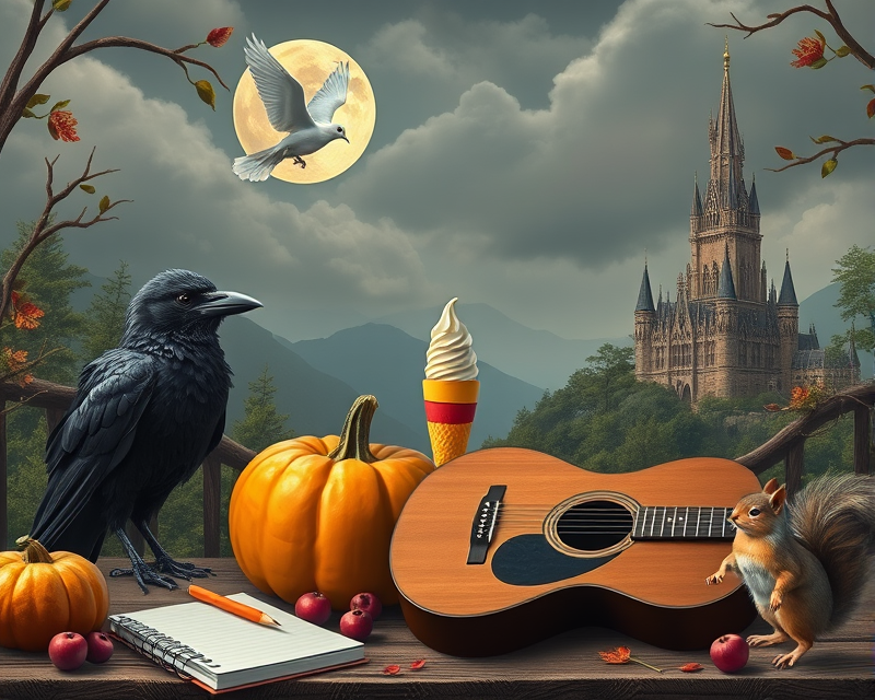 peach, raven, guitar, pumpkin, poodle, ice cream, dove, notebook, circle, squirrel, castle